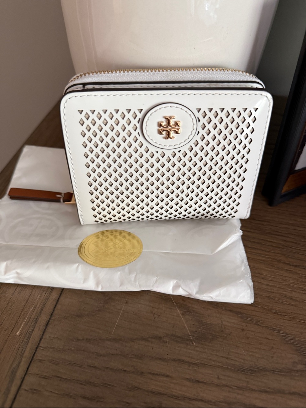 Tory Burch White Perforated Leather Zip Wallet with Gold Logo
